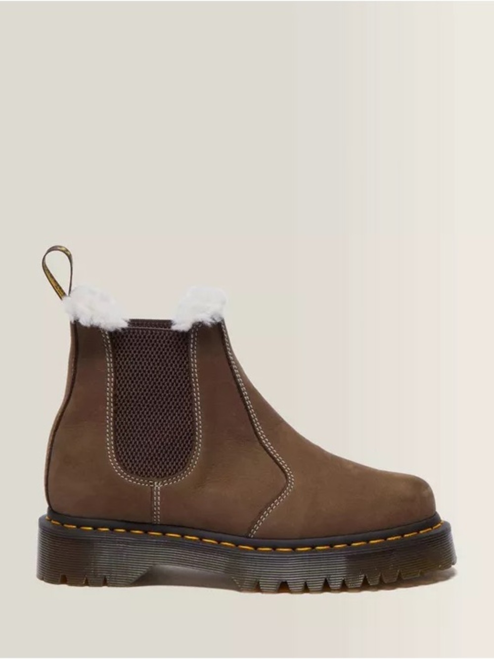 Dr. Martens Brown Chelsea Boot with White Faux Fur Collar - Size 6 Women’s